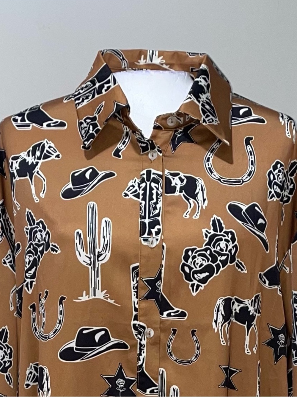 Western Shirt Dress Camel Toffee Brown Country Horse Rodeo Horseshoe Cowgirl - Picture 4 of 14